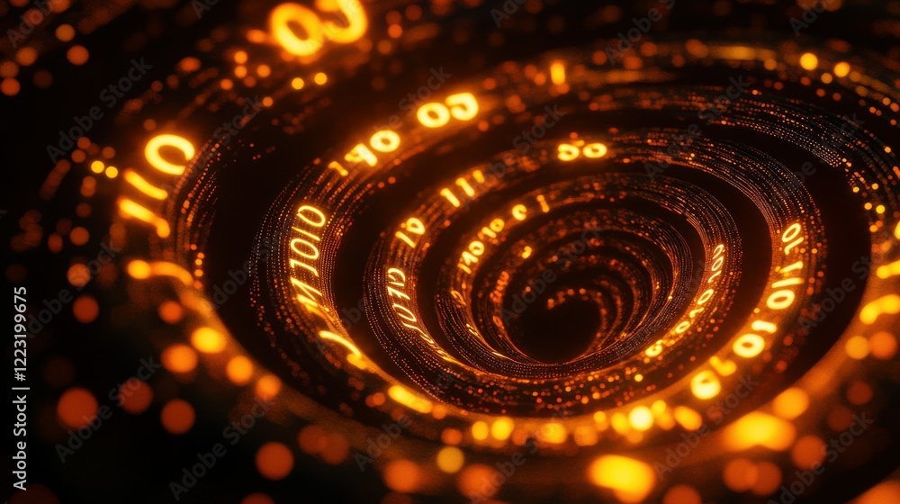 Poster futuristic digital data tunnel with glowing orange numbers in a spiral pattern