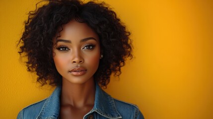 Portrait of a woman with curly hair against a vibrant yellow background, showcasing beauty and confidence