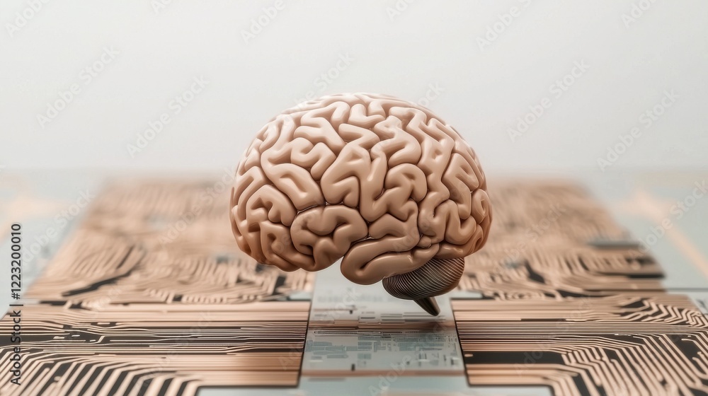 Poster a brain sits atop a circuit board, symbolizing the intersection of neuroscience and technology.