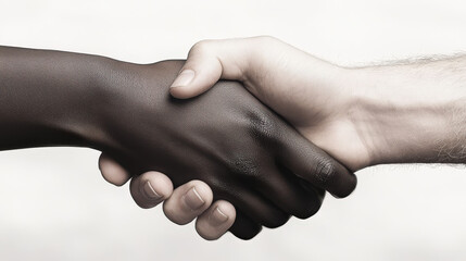 Close-up of two hands, one light-skinned and one dark-skinned, shaking in a symbolic gesture of unity and diversity.
