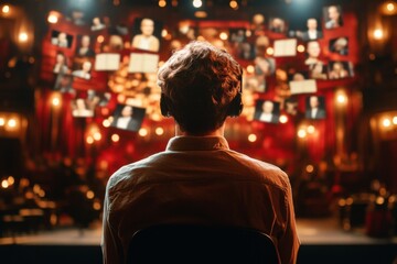 A performer auditioning for a theater role, standing confidently on stage under a spotlight while holding their script
