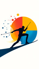 A dynamic silhouette of a skier in motion, set against a colorful circular backdrop, symbolizing winter sports and outdoor adventure.