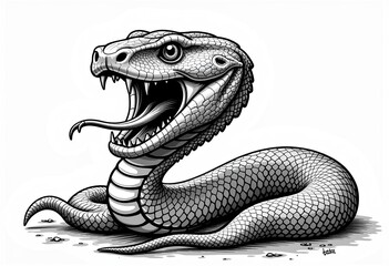 Fototapeta premium Cobra Tattoo Design, Ferocious Sketch Style, Open Mouth, Fangs Exposed, Tongue Sticking Out, Line Drawing, Minimalist, Girls Tattoo, Vector, Reptile. 