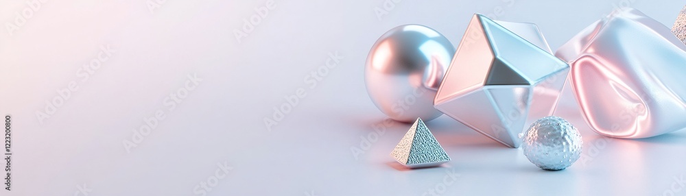 Poster a captivating composition of floating abstract metallic shapes including cubes, pyramids, and sphere
