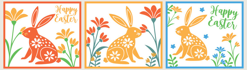 Minimalistic bright Easter cards with a rabbit and flowers and in the style of folk art