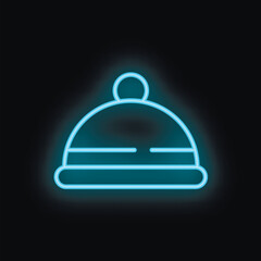 Blue neon sign depicting a winter hat with pompom glowing on black background
