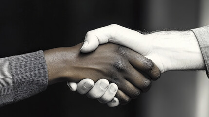 Close-up of two hands, one light-skinned and one dark-skinned, shaking in a symbolic gesture of unity and diversity.
