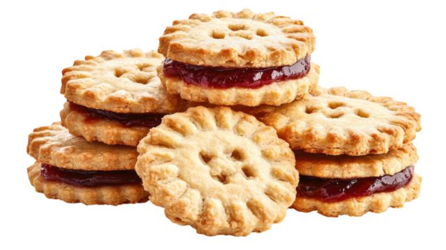 Deliciously stacked cookies filled with vibrant fruit jam on a bright white background