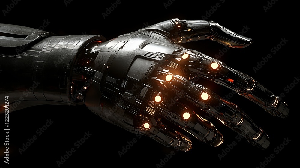 Poster a futuristic robotic hand illuminated with glowing elements, showcasing advanced technology and intr