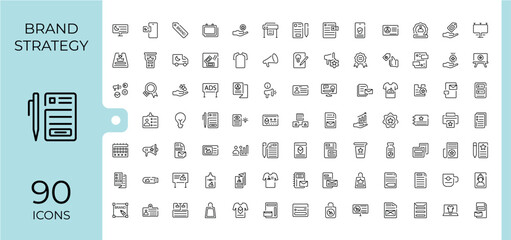 Brand Strategy icon set. Contains related to positioning, project, product, slogan, stationery, brand and more. Simple icon designs. Editable vector stroke.