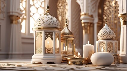 Fototapeta premium A serene architectural setting featuring three ornate white arches with intricate cutouts.