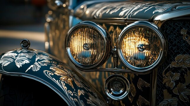 Art deco-inspired car headlights with intricate designs urban setting photography close-up vintage concept - Powered by Adobe