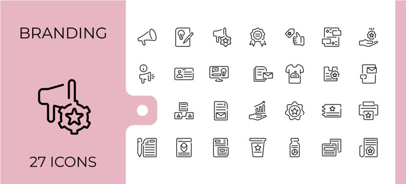Branding lined icons set. Includes thin line branding, web, positioning, target, pr, customer. Pixel perfect. Editable stroke. Vector illustration.