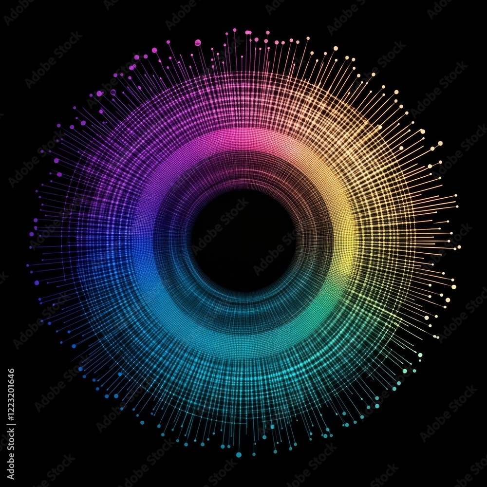 Poster a vibrant, circular design featuring lines and dots radiating outward, creating a colorful, abstract