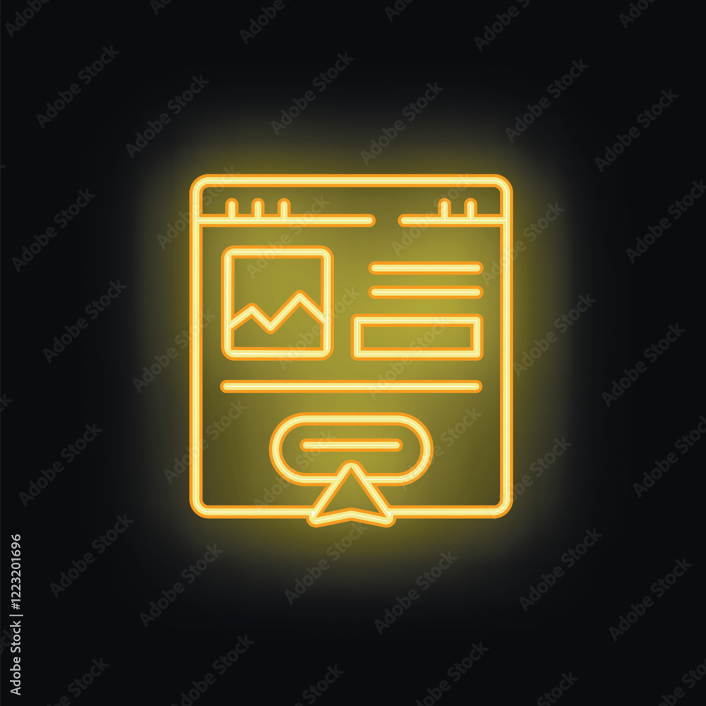 Poster yellow neon icon of a landing page with a cursor clicking on the call to action button