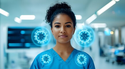 Naklejka premium A healthcare worker stands confidently in a hospital, with digital representations of viruses surrounding her, symbolizing medical expertise and health awareness.