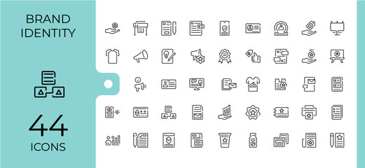Set of Brand Identity line icons. It contains symbols to project, marketing, social, advertising, development, product, vision, slogan. Minimalistic icons. Editable vector stroke.