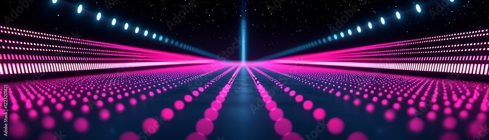Poster a futuristic scene with vibrant pink and blue lights creating a mesmerizing pattern, suggesting dept