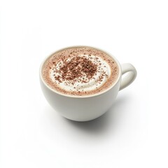 Hot chocolate, whipped cream, cocoa powder, white cup, studio shot, beverage menu