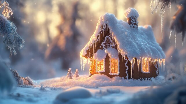 Enchanting snow-covered gingerbread house in winter wonderland