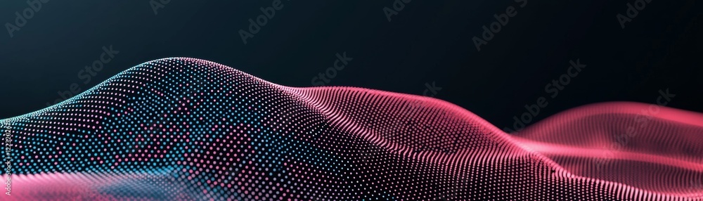 Poster a colorful, abstract representation of flowing waves or hills, created with dots and lines, conveyin