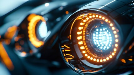 Illuminated modern matrix led headlights closeup automotive showcase technology environment high-detail viewpoint