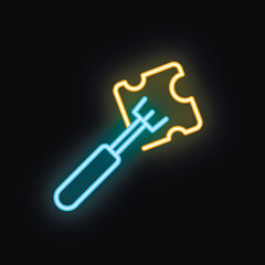 Bright neon icon of a fork piercing a slice of cheese, ideal for any project related to food, restaurants, and culinary experiences