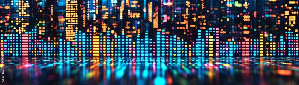 Poster a vibrant digital skyline with colorful lights and sound wave patterns, creating an energetic and mo