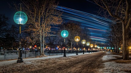 Enchanted Night Walk: Illuminated Pathway Under Star Trails