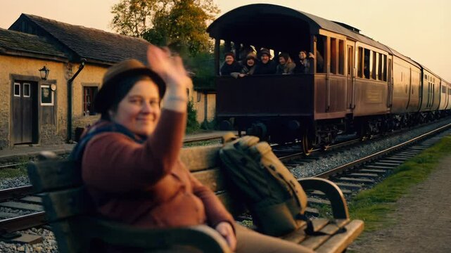 A traveler sitting on a bench at a scenic train station, preparing for an adventure as the sun sets behind a passing train. The warmth of the moment captures the essence of journeying