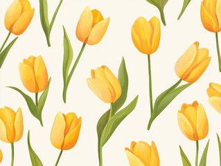 Obraz premium A Seamless Pattern of Bright Yellow Tulip Flowers with Green Leaves on a Clean White Background 