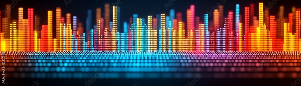 Poster a vibrant digital sound wave visualization with colorful bars representing audio frequencies against