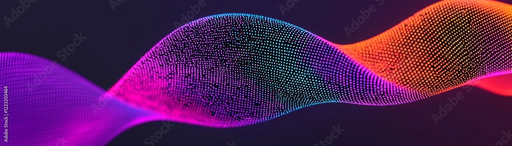 Poster a vibrant, abstract wave of colorful particles flows elegantly against a dark background, creating a