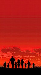 Family silhouette sunset walk, red sky background, togetherness, postcard