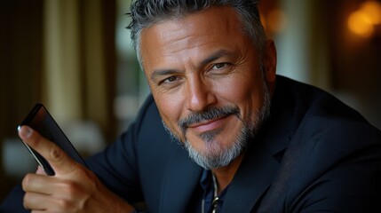 Confident businessman showcasing smartphone while seated in a stylish caf? with soft lighting