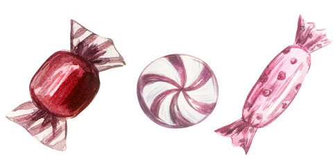 Set of illustrations of watercolor candies Cute watercolor sweets illustrations.