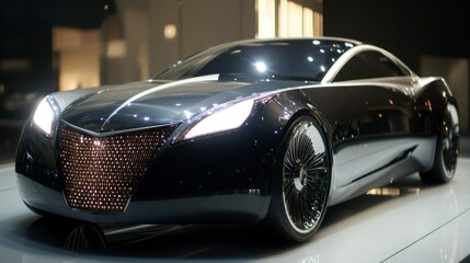 Futuristic coupe with symmetrical led headlights auto show vehicle showcase urban environment eye-level view innovative design