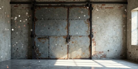 Rustic industrial interior with large metal sliding doors, sunlit concrete floor, and exposed brick accents, creating a minimalist yet atmospheric scene.