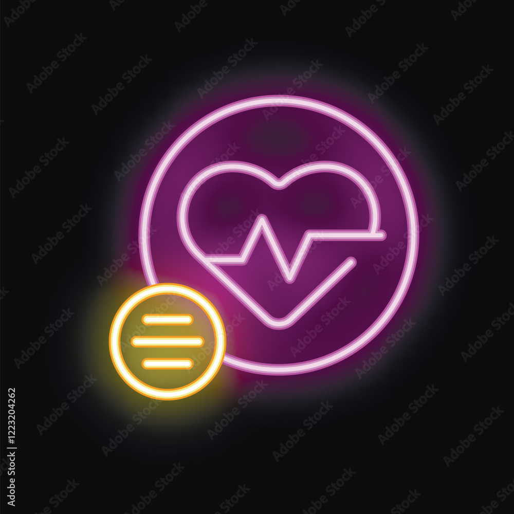 Poster neon icon of a heartbeat rate measuring app showing the health condition