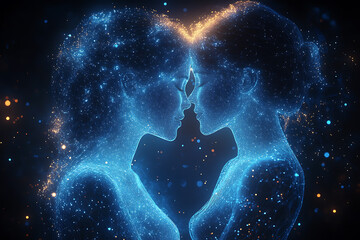 Obraz premium A glowing silhouette of a mother and son embracing, their outline illuminated with radiant light. 