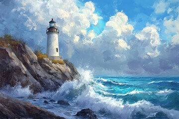 Lighthouse on rocky coast, dramatic waves