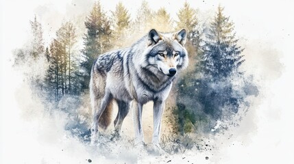 Naklejka premium Majestic wolf in forest with watercolor effect in nature setting