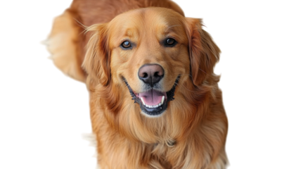A cheerful golden retriever standing happily with a bright smile against a white background