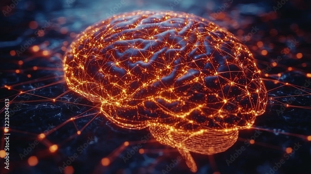 Poster a glowing, digital representation of a brain, showcasing intricate neural connections and vibrant en