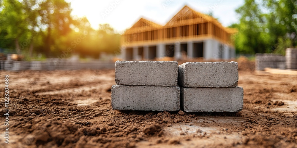 Poster construction site features stacked bricks with a new building structure in the background during sun