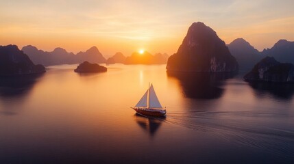 Sunset cruise on tranquil waters amidst stunning limestone karsts. Experience breathtaking views, serenity, and natural beauty of idyllic landscapes.