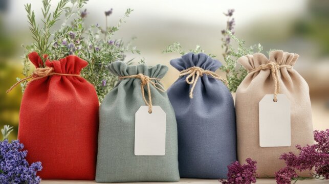 Colorful fabric bags with natural herbs and flowers in a soft light setting
