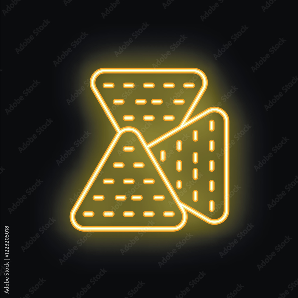 Poster neon sign showing three nachos with glowing yellow lines, creating a visually appealing representati