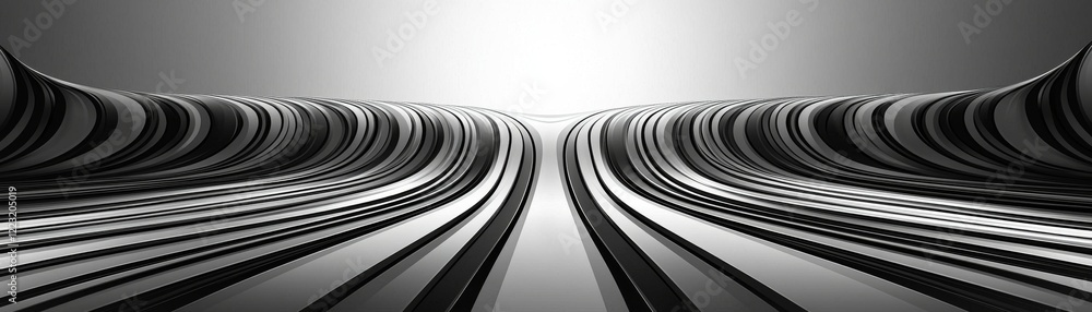 Poster a striking black and white image featuring smooth, curved lines converging towards a bright light, c