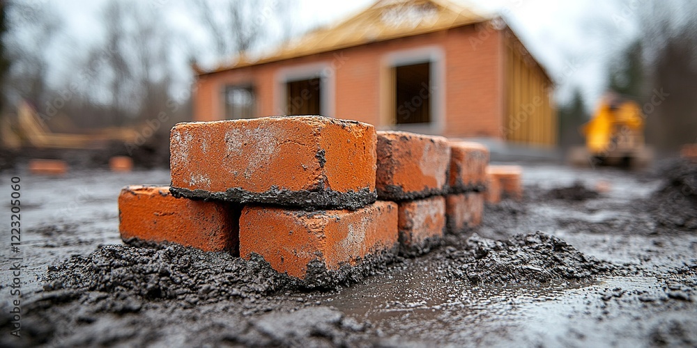 Poster construction site showing stacked bricks with a building framework in the background during a cloudy